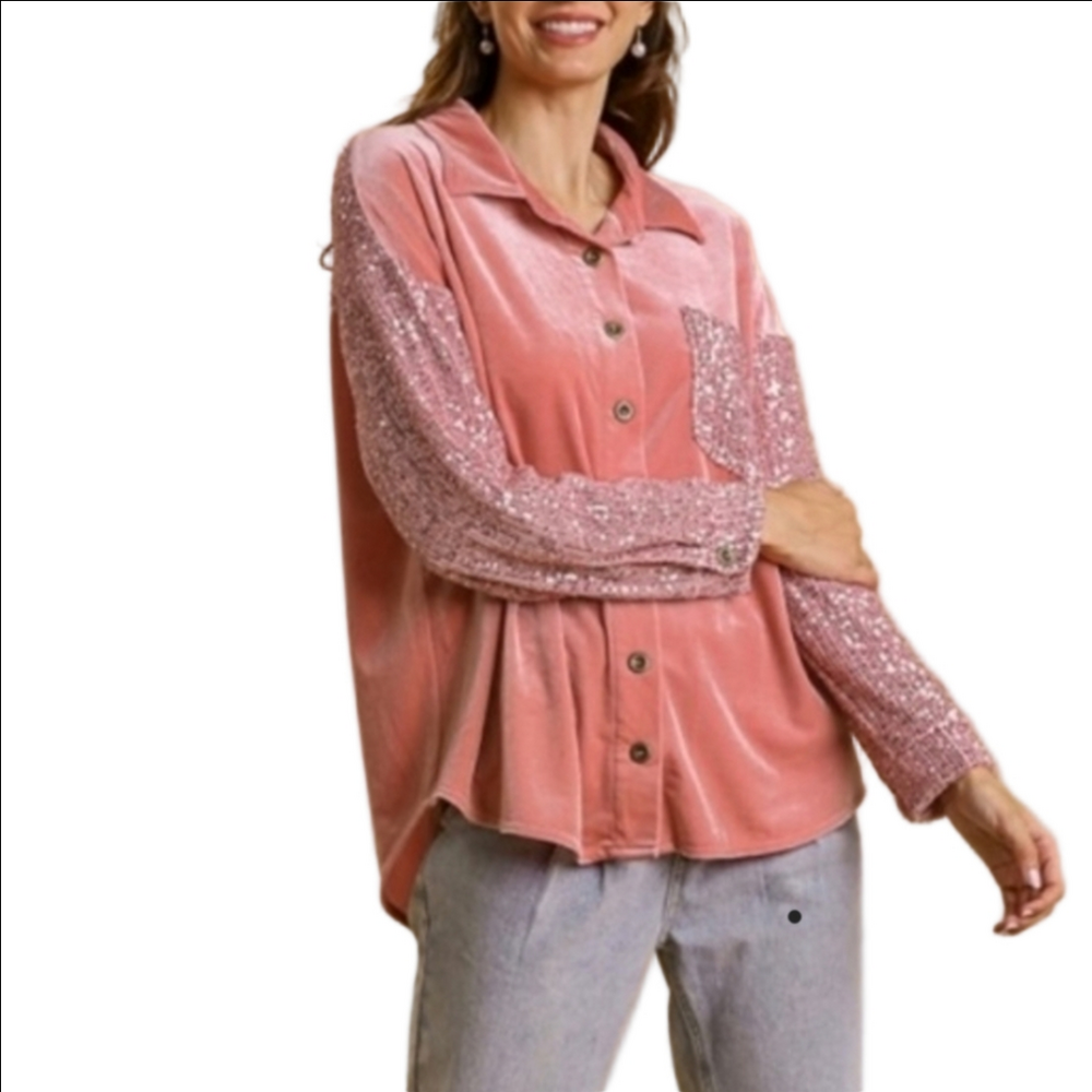 NWT Umgee Rose Pink Velvet Sequin Oversized Long Sleeve Button Down Top Shirt